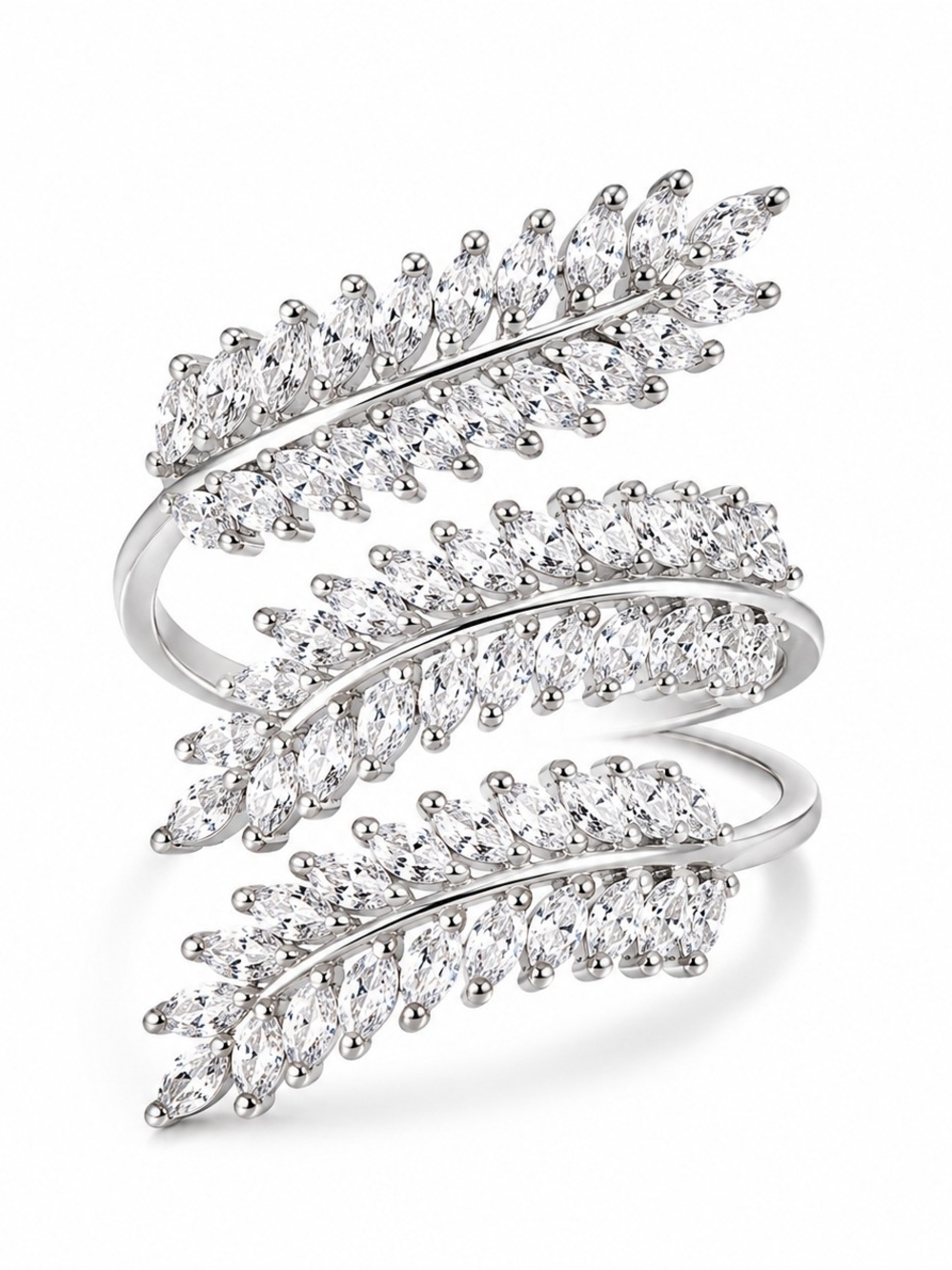 Silver Crystal Leaf Wrap Statement Cocktail Ring | Adjustable